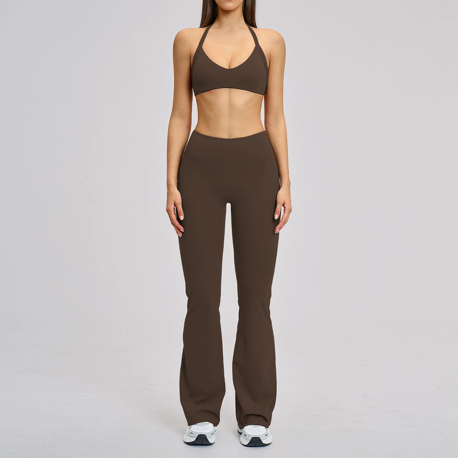 Brushed Spandex/Nylon Solid Yoga Suit Halter Neck Breathable Full Length Hollow 2-piece preview