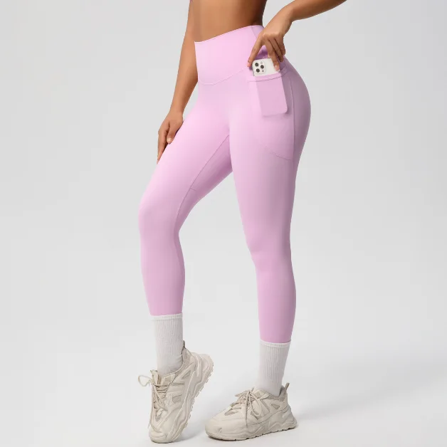 High Waist Pocket Solid Peach Four-Way Stretch Breathable Running Hip-lifting Fitness Sp detail