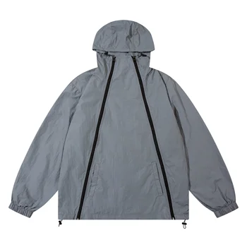 2023 New Reflective Half Zip Hardshell Windbreak Jacket Stand Waterproof Jacket Men Casual Woven Varsity Jacket Printed