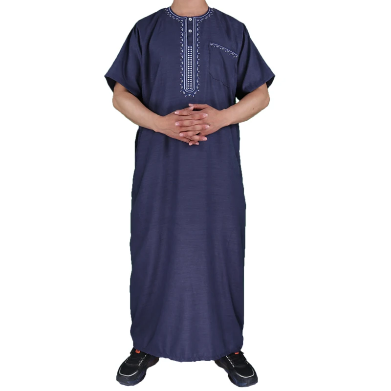 2023 New Style Model Muslim Morocco Eid Cotton Fabric Thobe Khamis Arab Short Sleeve Islamic Clothing Men Thobe