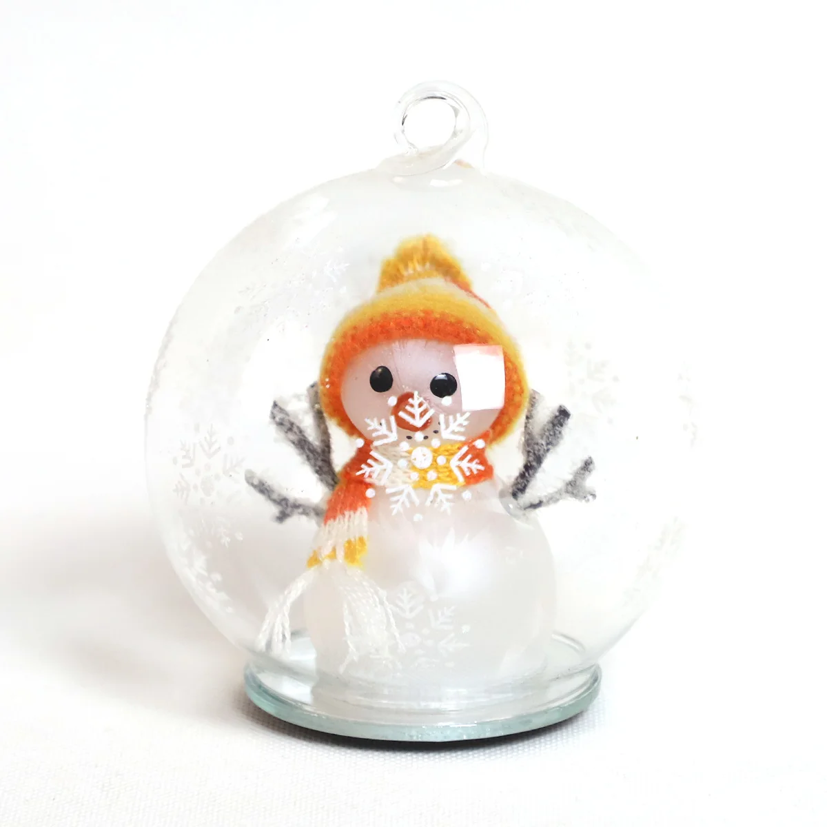 10 cm glass LED bauble with mini glass snowman animated plush knit doll craft figurines inside hanging ornaments