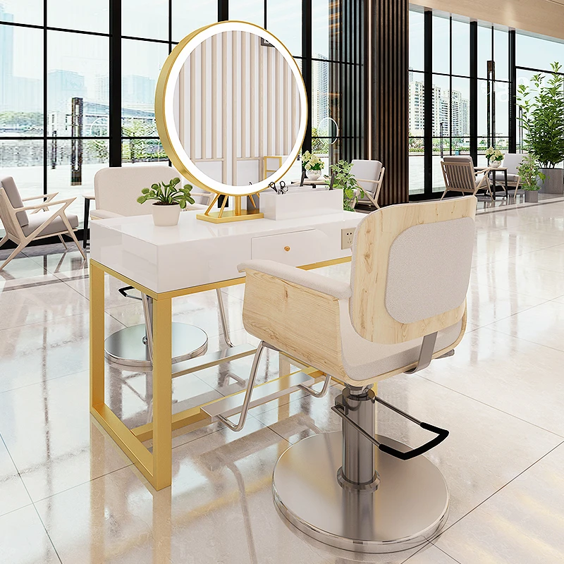 Ins Style Mirror Led Light Modern Cabinet Hair Beauty Salon Furniture Barber Station