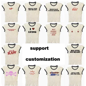 Customizable Women's Loose Fit Crop Tops Plus Size Short Sleeve Patchwork T-Shirt Letter Print for Summer Fashion Clothing