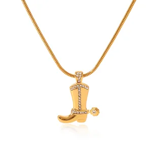 MW Cool Personalized Trendy 18k Gold Plated Cowboy Cowgirl Boots Rhinestone Snake Chain Stainless Steel Pendant Necklace
