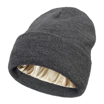 Designer Women's Autumwn Winter Blank Multi Color Unisex Satin Lined Hat Warm Knitted Beanies with Satin Lining