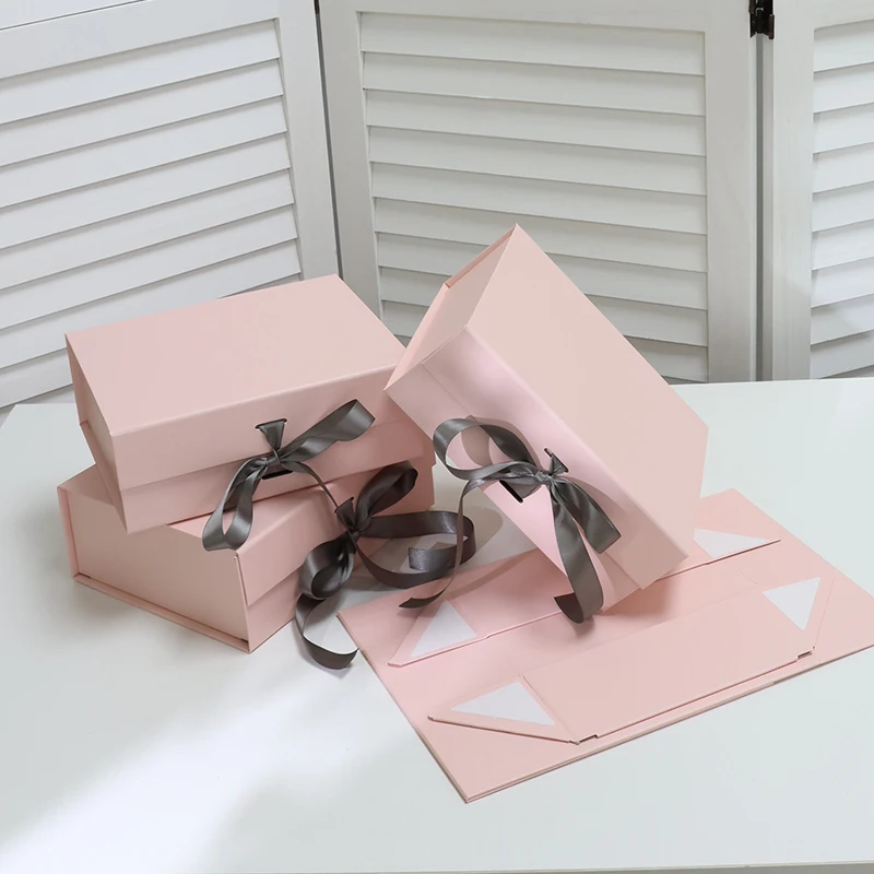 luxury custom design large pink foldable folding paper cardboard gift box packaging with ribbon