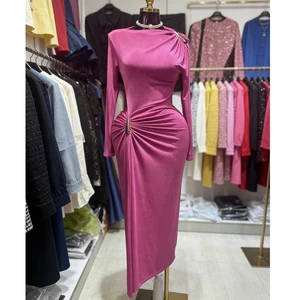 Factory Wholesale Runway Fashion Party Knitted Dress Women Spring Autumn Draped Slash Neck Long Sleeve Elegant Midi Female