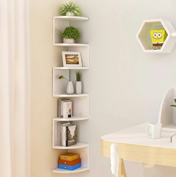 Creative Home 5 Layer Semi-Circle Partition Wall Shelf 5-Layer Wall Hanging Corner Bookshelf Unique Triangle Design for Display