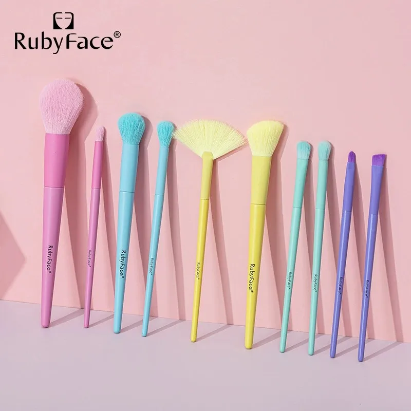 With Factory Price RubyFace Macaron Color Professional Private Label Cosmetic 10pcs Rainbow Makeup Brush Set