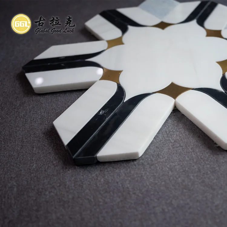 Water Jet Black and White Flower Shaped Marble Mosaic Tile Mix Brass Natural Marble Mosaic for Kitchen Splash Tile supplier