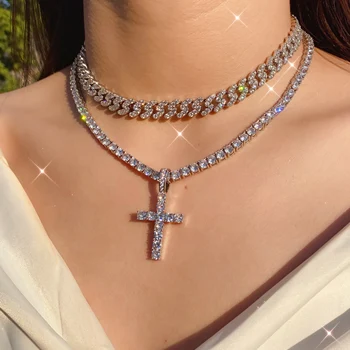 2022 hip hop iced out classic cross ankh cross pendant necklace tennis chain women small rose gold cross cz jewelry wholesale