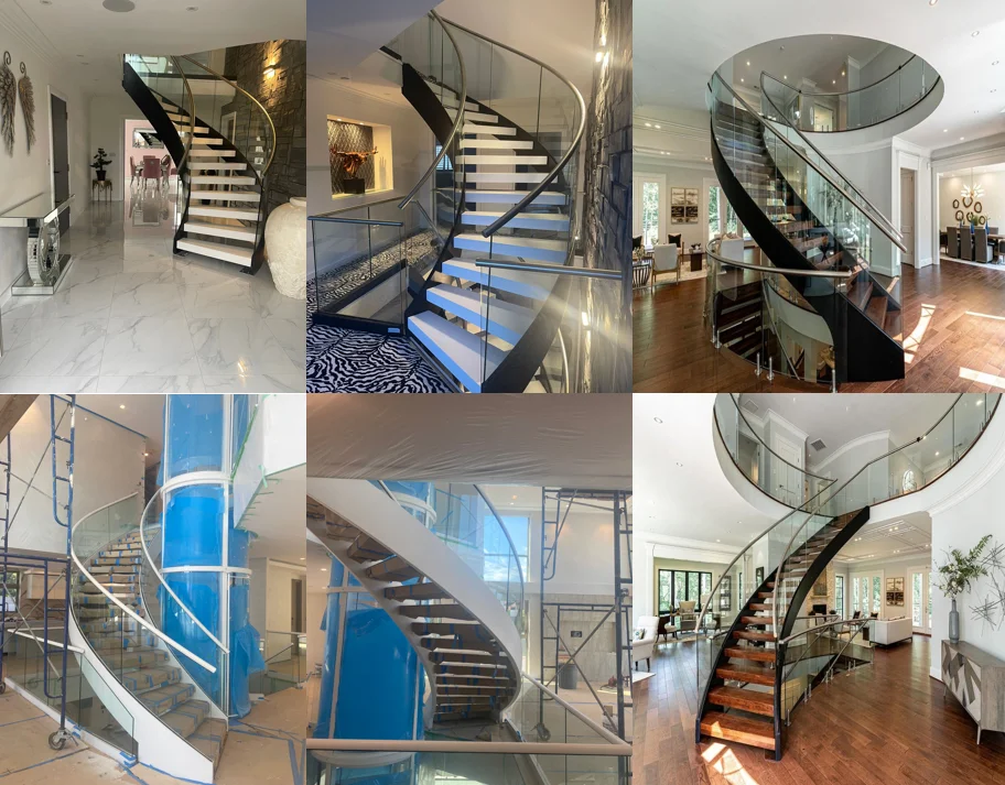 Gorgeous Design Custom Oak Tread Stairs Glass Railing Curved Staircase with Led Light from Foshan Factory supplier