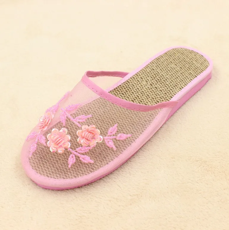 Women's Chinese Mesh Slipper Sequin Floral Beaded Sandals Flip
