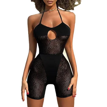 2024 Summer Sexy Mesh Hollow Lace-Up Halterneck Women's  Lingerie Casual Skinny Sheath Jumpsuit Hot Sale Wholesale Supply