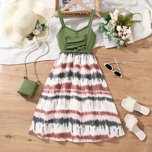 New Style Casual Girls' Dress O-Neck Plaid Knee-Length Strap Splicing Printed Skirts for 8-12 Year Old Summer Clothes for Kids