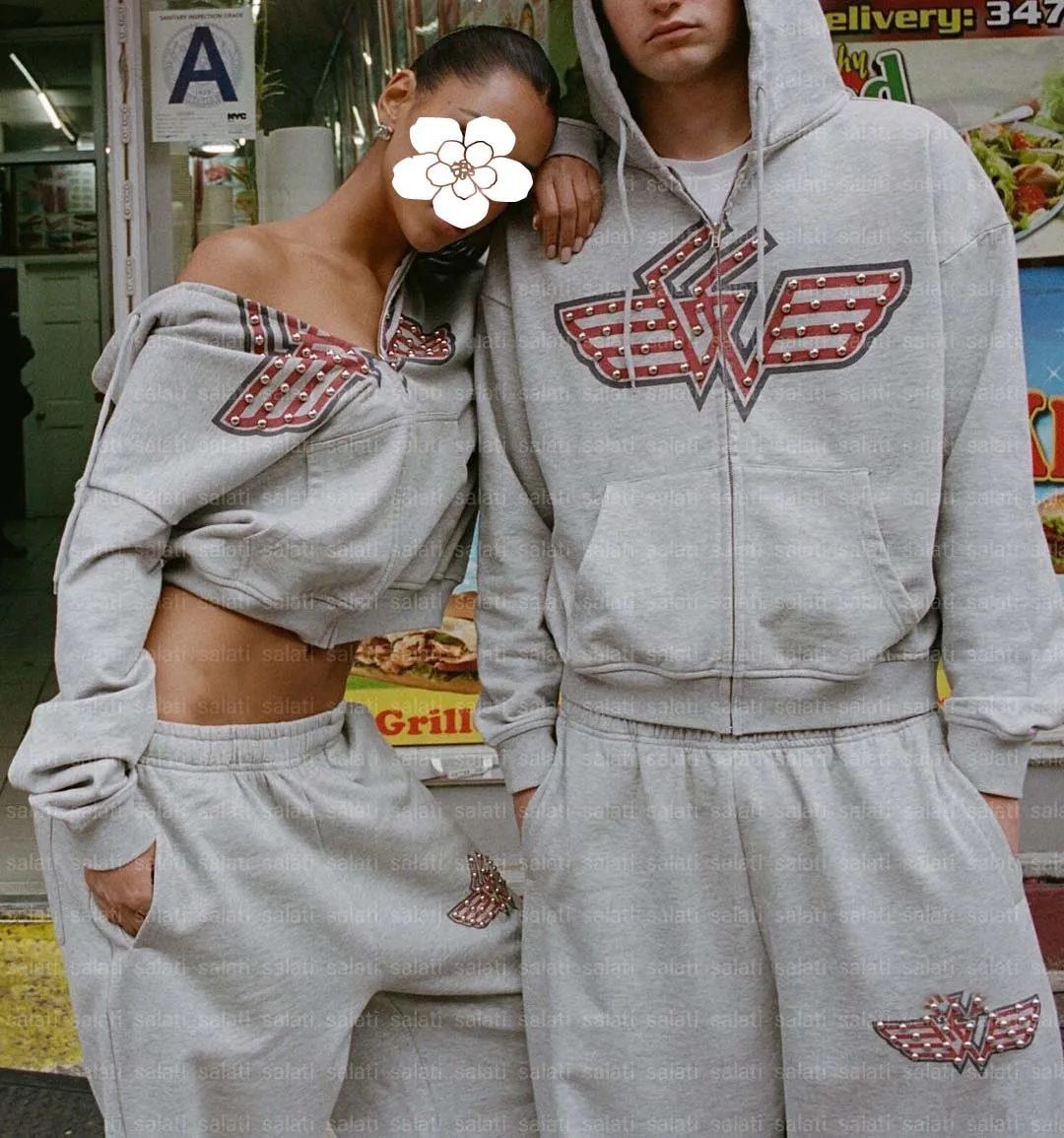 Salati Manufacturer Unisex Sweatsuit Stud Rhinestone Zip up Hoodie and Sweatpants Jogger Set Couple Jogging Suit Baggy Tracksuit