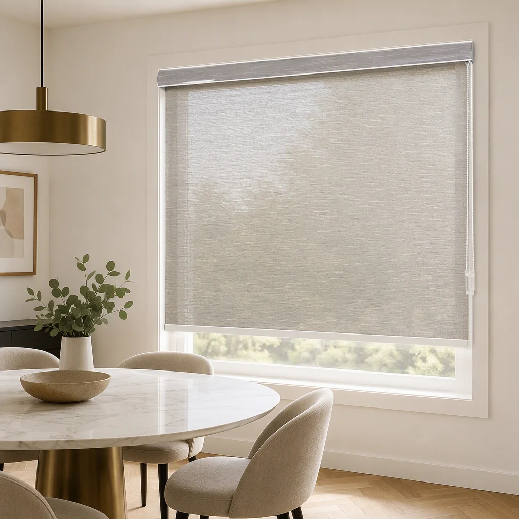 Roller Shades Semi-Sheer Gray Woven Fabric Arc Headrail Chain System White Bead Chain Custom Size Dining Room Bulk Wholesale