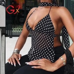 GX8408 Fashion 2026 Summer Women's Clothing Boutique Sleeveless V-Neck Printed Tops Sexy See Through Women Backless Blouse