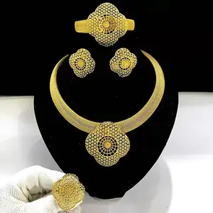2026 Dubai Women's Wedding Gift Fashion Jewelry Set 24K Gold Plated Alloy Necklace Bracelet Earrings Rings Zircon Stone