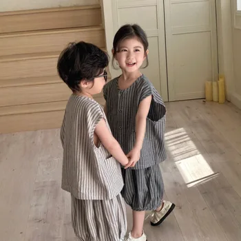 New Boys' and Girls' Clothing Set Summer Vest Shorts Set Comfortable Loose Fit Thin Cotton Linen Brother Sister Outfit
