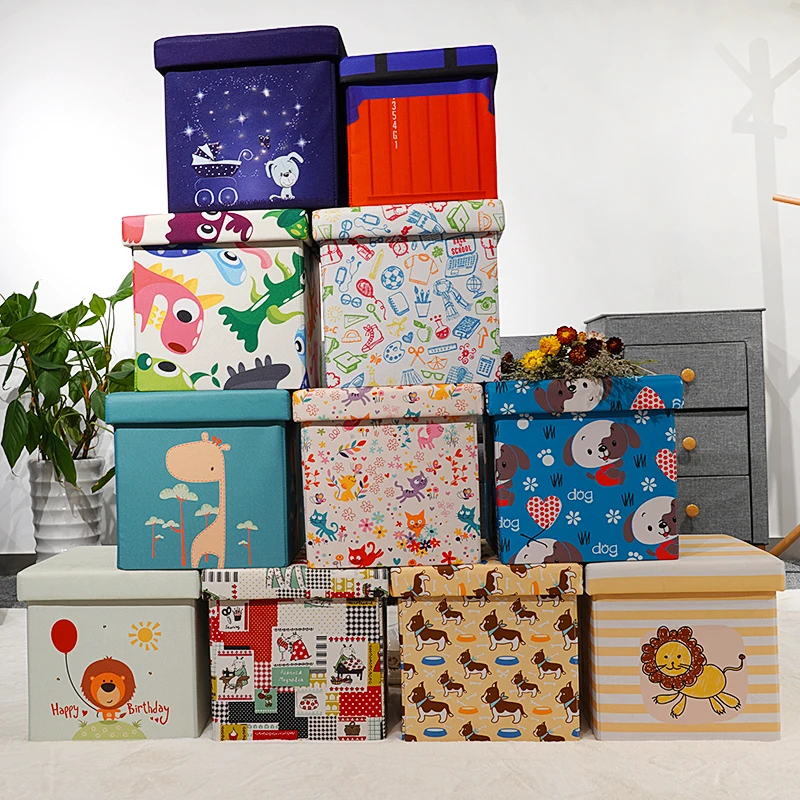 HStex 2020 Cartoon Storage Folding Ottoman Fabric Small Stool Easy Carry Children Stools with Animal Print