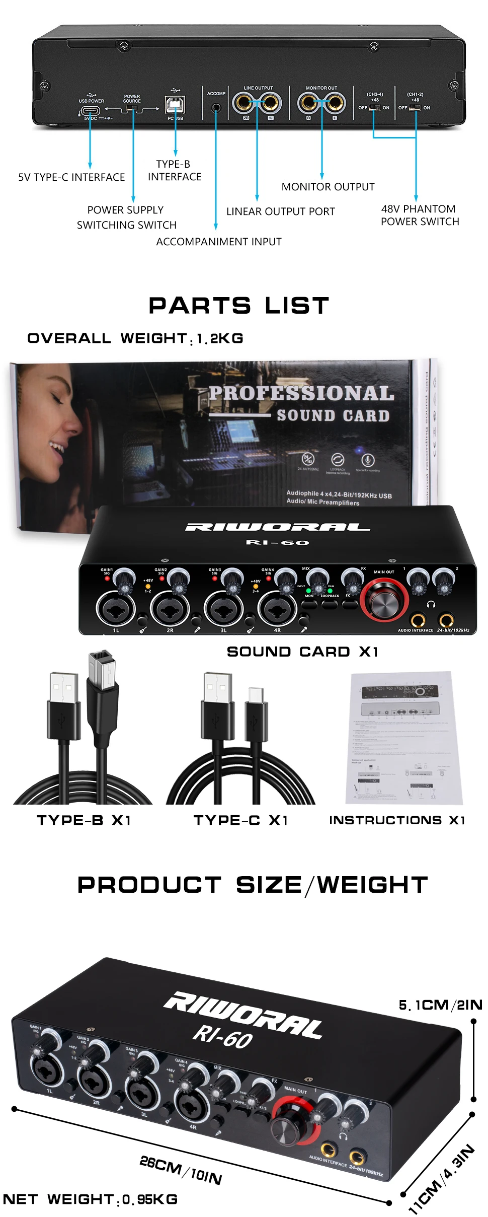 Ri60 Usb Sound Card Professional 4 Channels Digital Mixing Usb