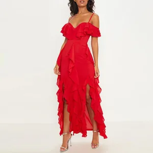 Solid Elegant Chiffon Dress Cold Shoulder Casual Petite Ruffle Slit Sexy Maxi Breathable Dress