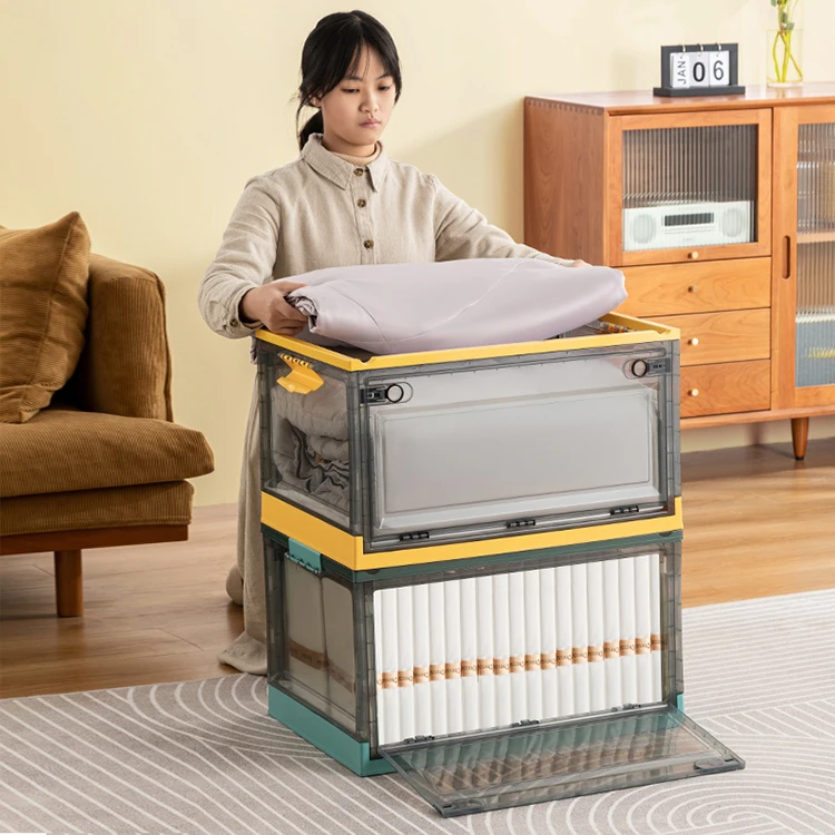Factory Stock 28L Plastic Stackable Folding Storage Box with Double Door and Lids Large Capacity Containers Bins Baskets