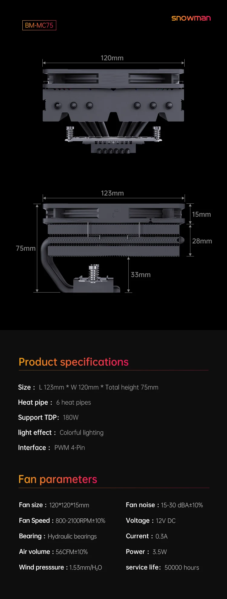 Heat Pipe Cpu Fan, SNOWMAN, PWM, FRGB - detail 30