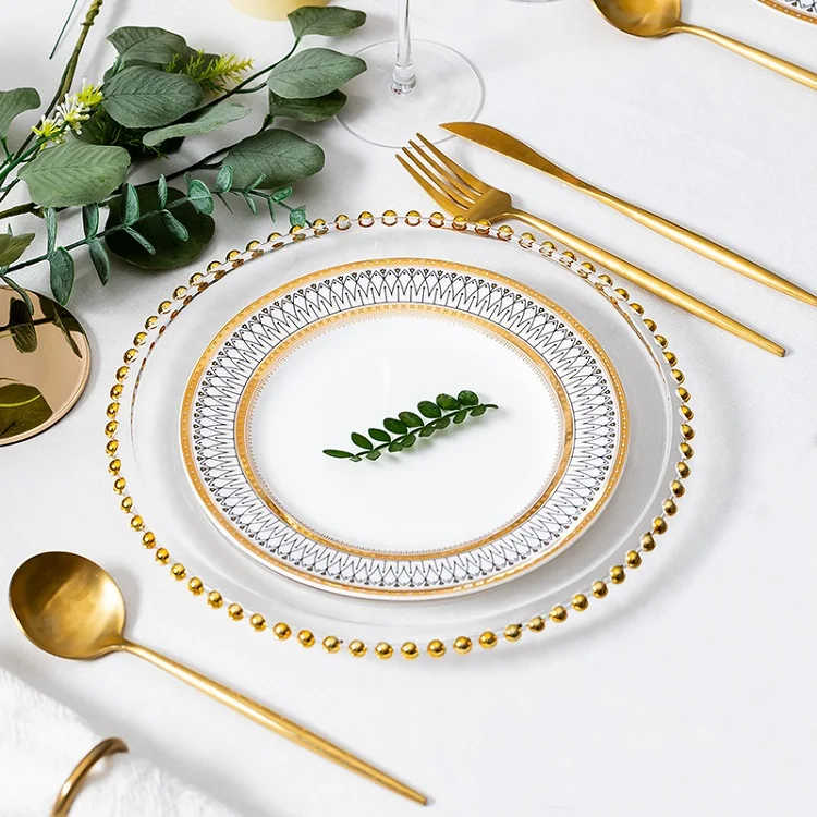 Hot Selling Bulk Sales Ceramic Dinner Plate Luxury Stainless Steel Cutlery Plastic Gold Rim