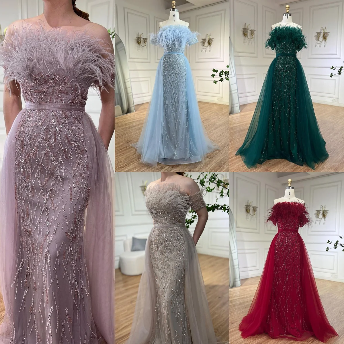 Serene Hill LA71634 Dubai Luxury Green Beaded Feathers Mermaid Evening Dress with Overskirt Wedding Party Gowns for Women