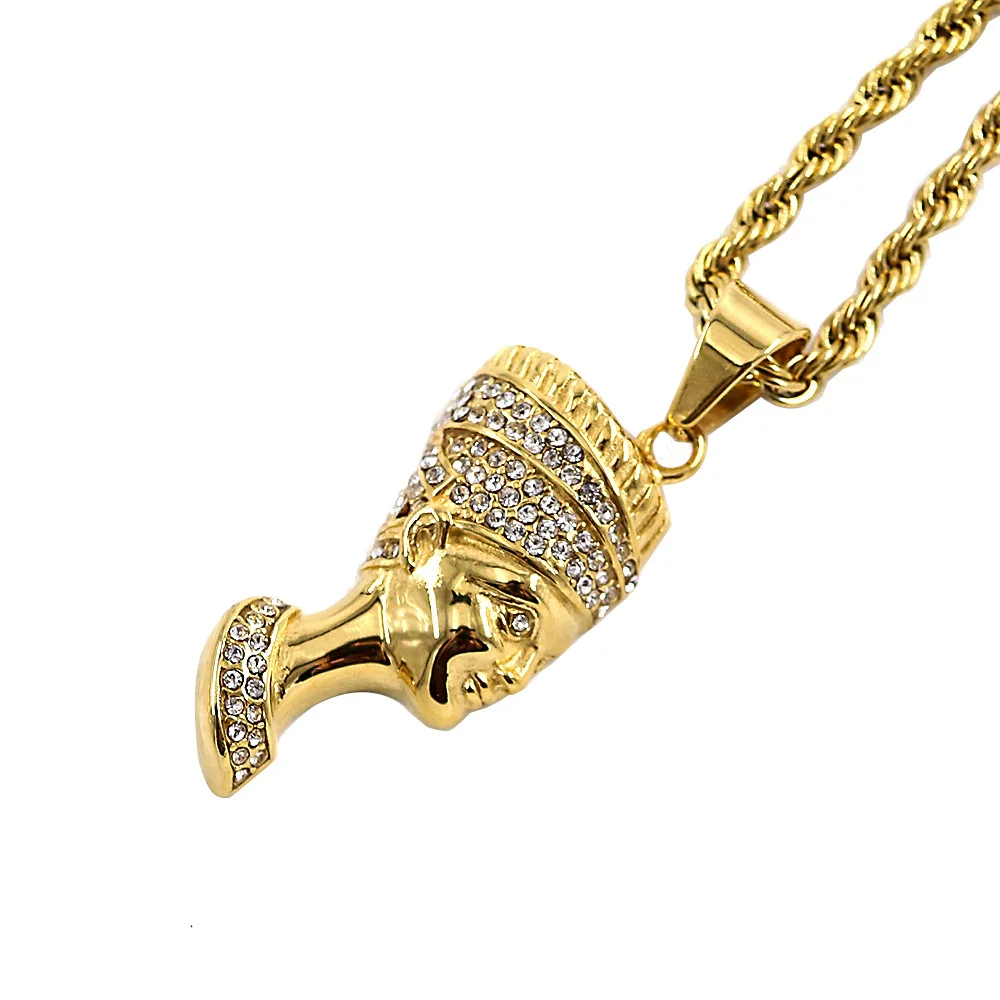 Charm Egyptian Stainless Steel 2021 New Fashion Hip Hop Men Gold Plated Egyptian Queen Cleopatra Pendant with Diamond Necklace