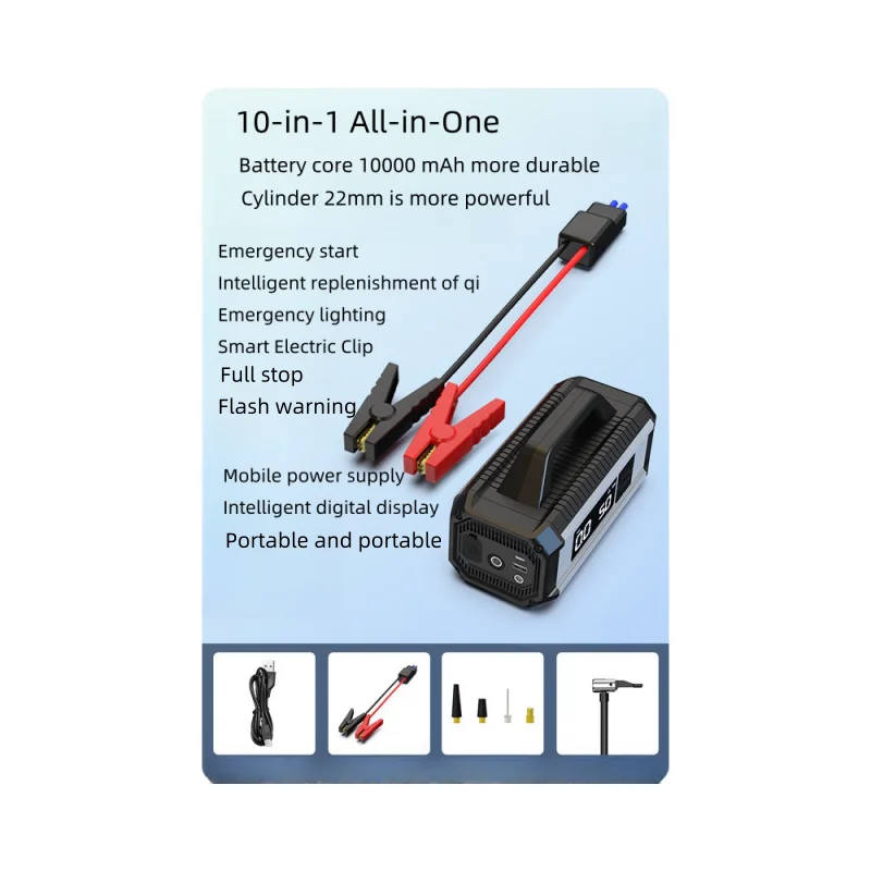 10 in 1 Digital Car Emergency Battery Jump Starter 10000mAh Electric Tyre Air Inflator Pump 24V Voltage 150psi Air Pressure Cars
