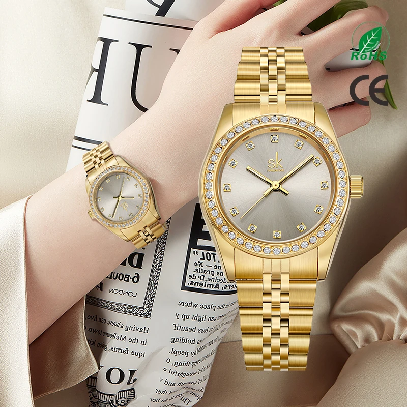 SHENGKE SK Gold-plated Watch Luxury Women's Watch with Diamond Chilled  Stainless Steel Quartz Watch Ladies