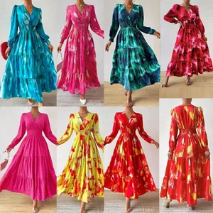 Custom Fashion Print Summer A-line Women Casual Wear Clothing Long Sleeve Elegant Maxi Dress