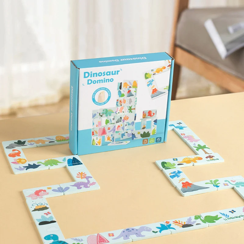 Montessori pädagogisches Dinosaurier-Erkennungs-Domino-Puzzle zum Zuordnen, zur Schulung der Feinmotorik, stapelbare Bausteine aus Holz