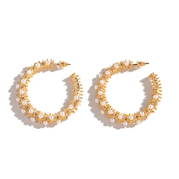 new arrival wholesale gold metal half circle stud pearl beaded earrings 4cm pearl c shape hoop earrings