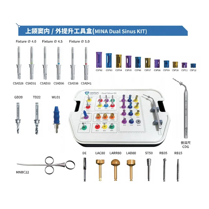 Mina Originalis Kitus Dualis pro Sinuum Elevatio, Kitus Chirurgicus pro Implantis Dentalibus, Fabricatus in Corea, Setus Dentalis ex Titano, Instrumentum Dentale pro Aedificiis Hospitalium