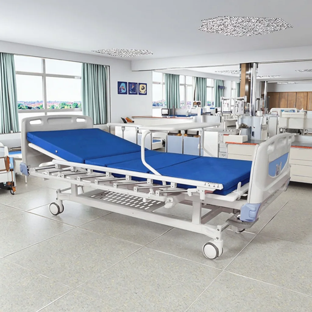 Manual Hospital Bed Adjustable Back Rest Foldable Metal Rails PP Headboard Modern Design Stainless Steel Base Infusion CE ISO 3