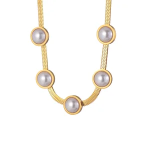 Vintage Chunky Link Imitation Pearl 18k Gold Plated Necklace Stainless Steel Pearl Pendant Necklace for Women