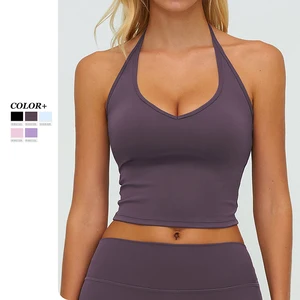 High Quality Brushed V Neck Halter Yoga Tank Top Breathable Quick Dry Shockproof Sports Bra Women Outdoor Running Gym Fitness