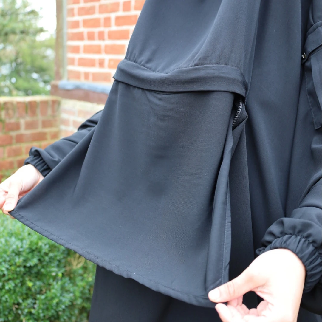 Islamic Modest Maternity 2-Piece for Jilbab Dress Black Nursing Zip Made of Polyester Wear for Muslims