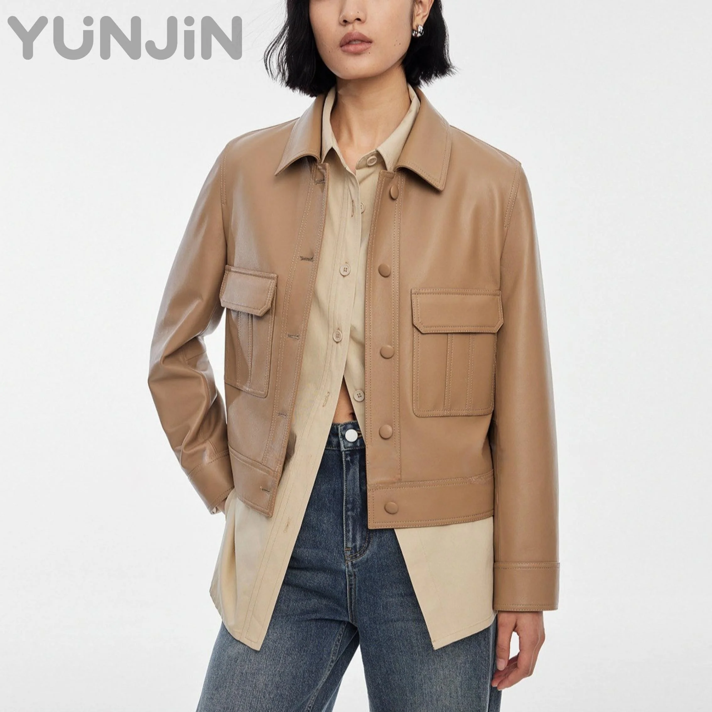 Women Sheep Leather Jacket Lapel Collar Cropped Casual