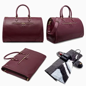 Custom Logo Red Burgundy Pebble Leather Women Travel Garment Dress Carrier Weekender Bag