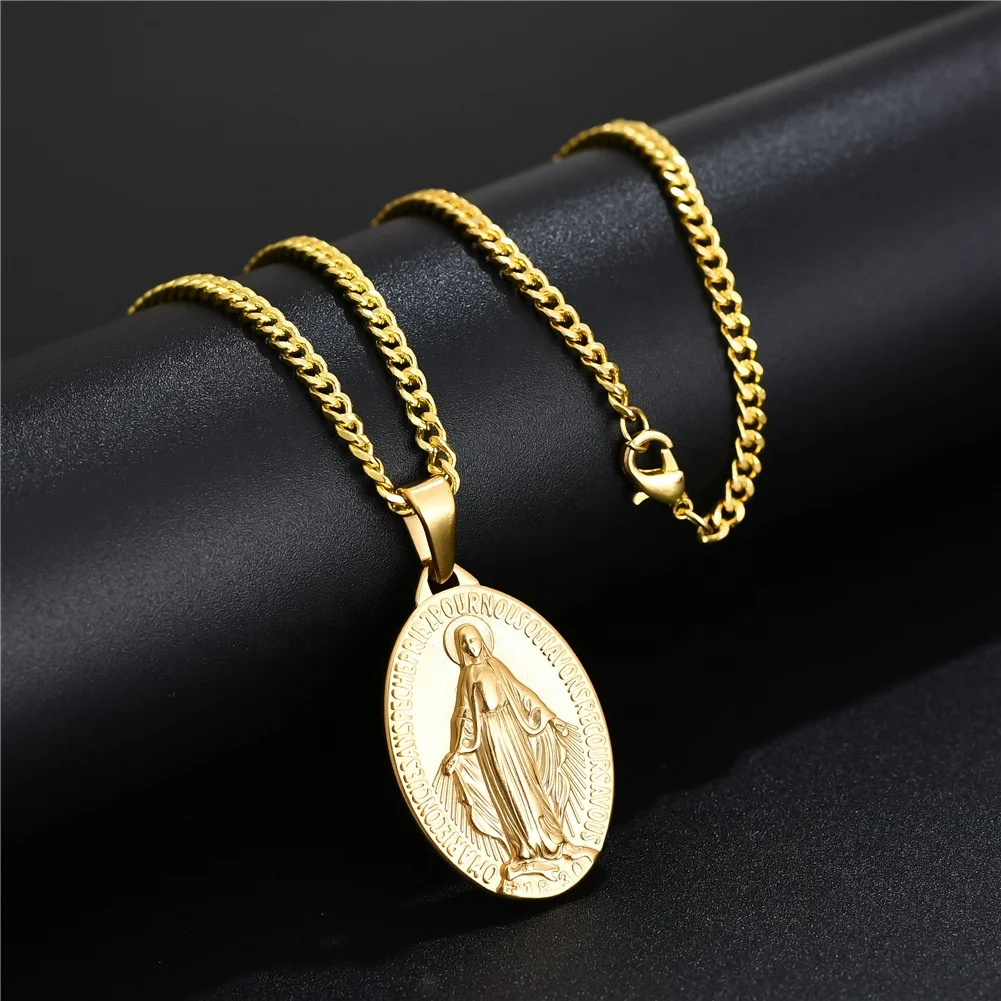 Hip Hop Maria Oval Necklace Titanium Steel Virgin Mary Pendant Necklace for Women