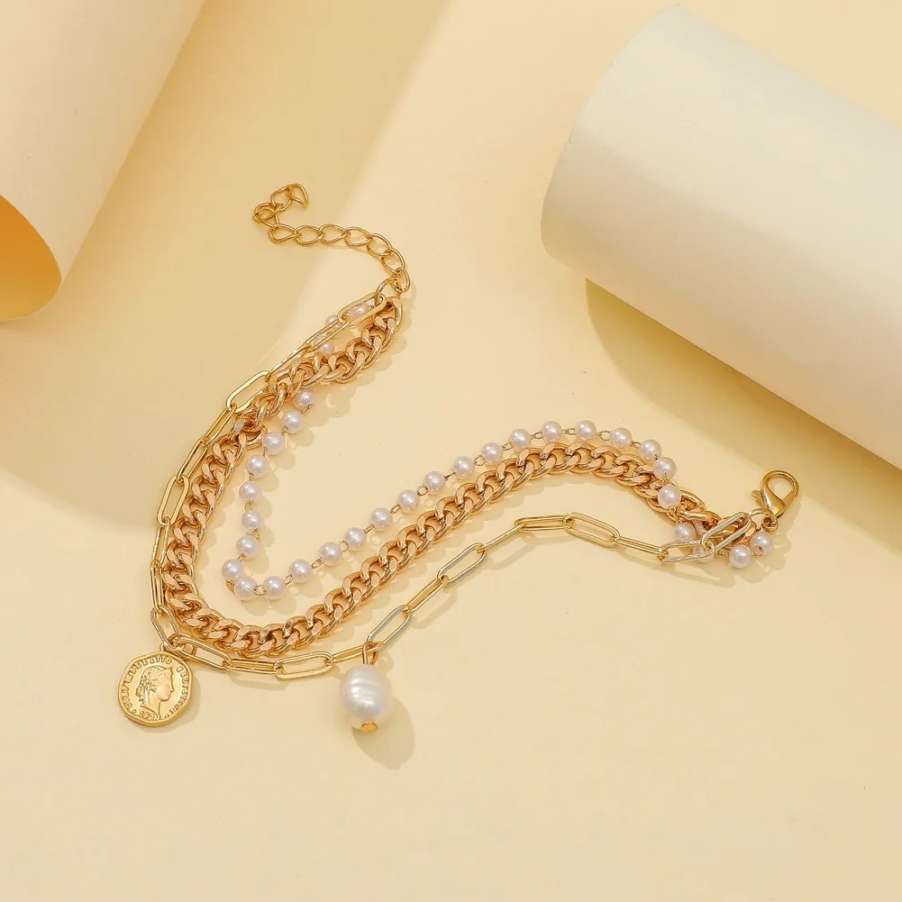 New Bohemia Round Imitation Pearl Coin Pendant Bracelet Bangle Women Punk Carved Coin Letter Thick Chain Bracelets New Year Gift