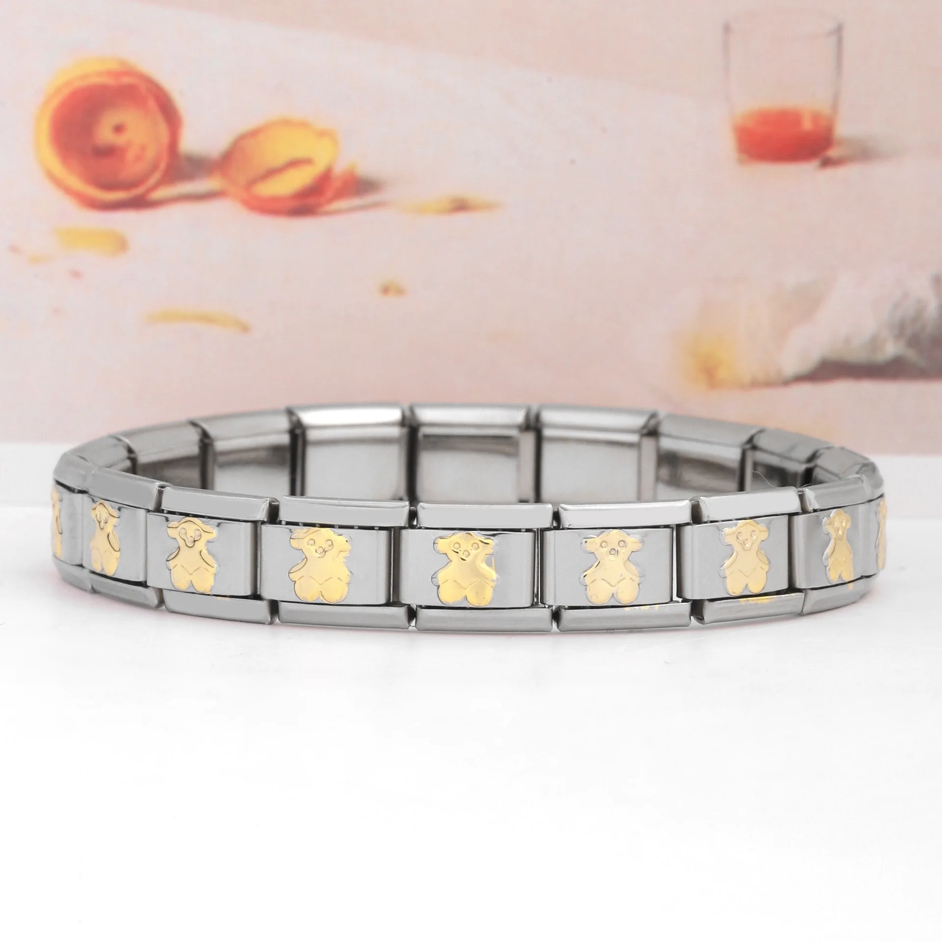 Wholesale gold bear link elastic bracelet DIY Shiny Classic Stainless Steel Italian Charm Bracelet