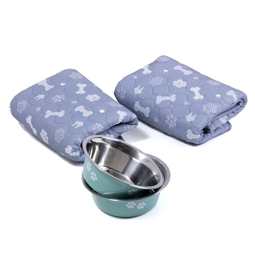 New 2PCS 860ml Stainless Steel Pet Bowls with 2pcs 70*100cm Washable Pet Pee Pad Reusable Pet Feeding Set for Cats and Dogs factory