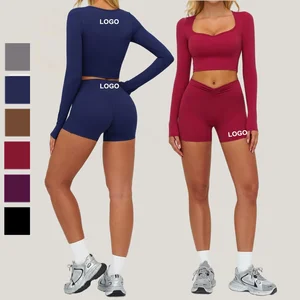 Women Running Tracksuit Long Sleeve Gym Fitness Clothes Workout Top High Waist Yoga Shorts Two-Piece Set for Women