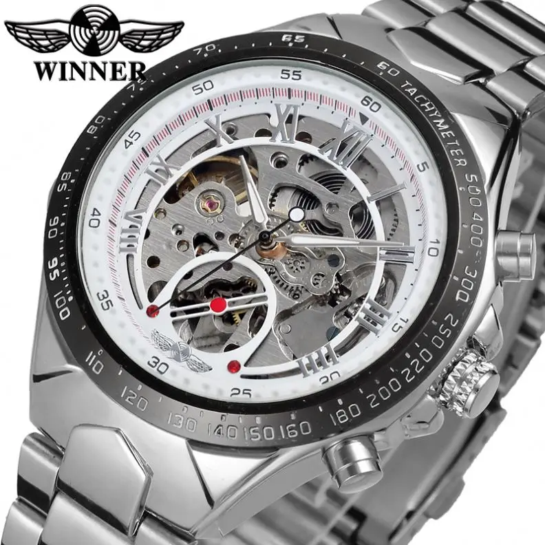 WINNER 8067 Fancy Silver Men Mechanism Watch Super Steel Strap Waterproof Full Automatic Gear Advertising Watch Design